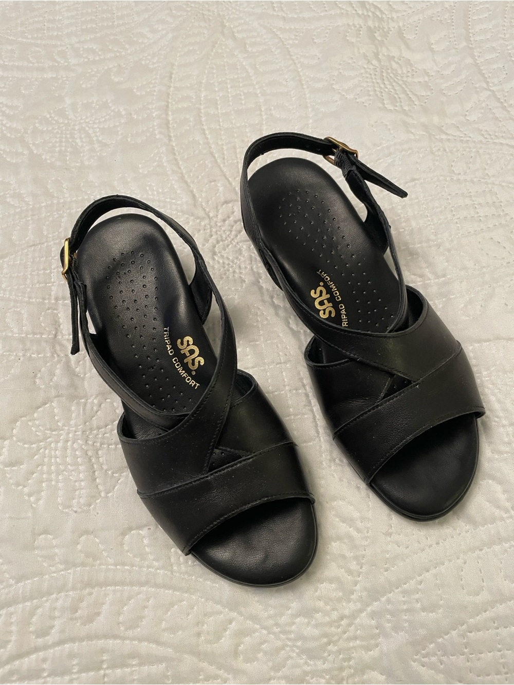 LIKE NEW SAS Tripad Comfort Black Leather Slingback Wedge Sandals 5.5W